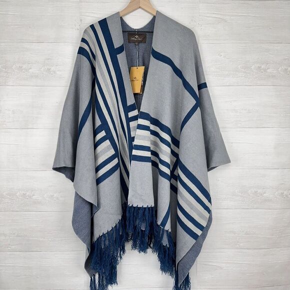NWT Patricia Nash Striped Shawl XL / 1X Fringed Body Scarf Wrap Knit Gray Blue - Picture 1 of 13
